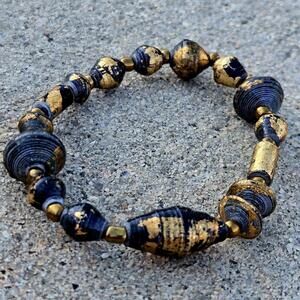 Enthic Rolled Paper Bead Gold Tone Flecked Black Stretch Bracelet